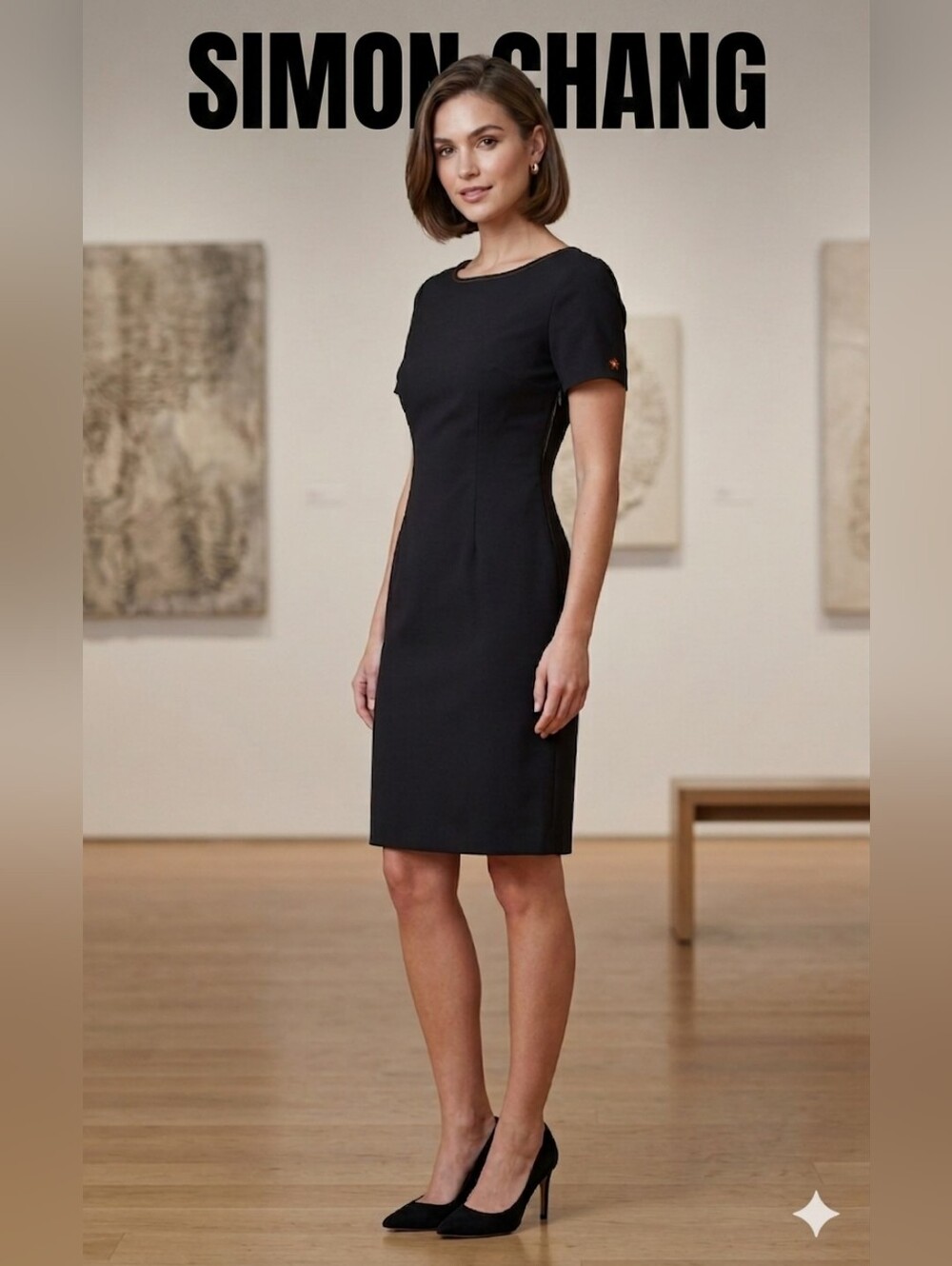 Vintage Simon Chang ❣️Black Dress with Orange Sleeve Accent PTP 18